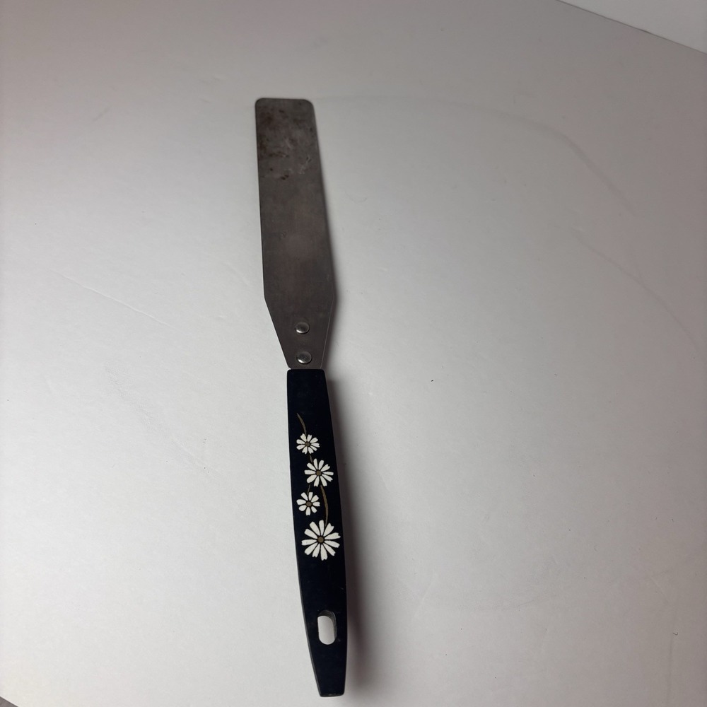 Vintage Stainless Steel Spatula Turner Black Daisy Floral Handle USA Kitchen